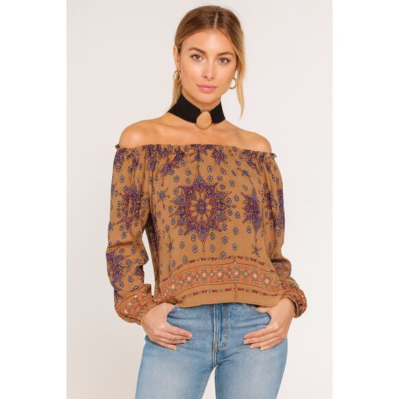 MISA Los Angeles Francesca Off Shoulder Boho Top Small Tumeric Brown Blue Red - Picture 1 of 6